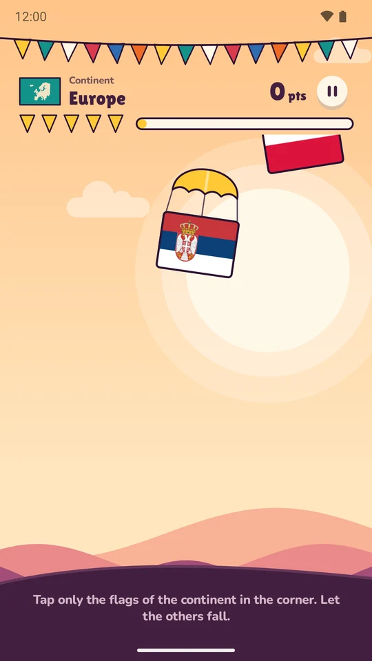 Falling flags: parachutes carrying flags drift down the sky, with five lives, a continent badge and the score above.