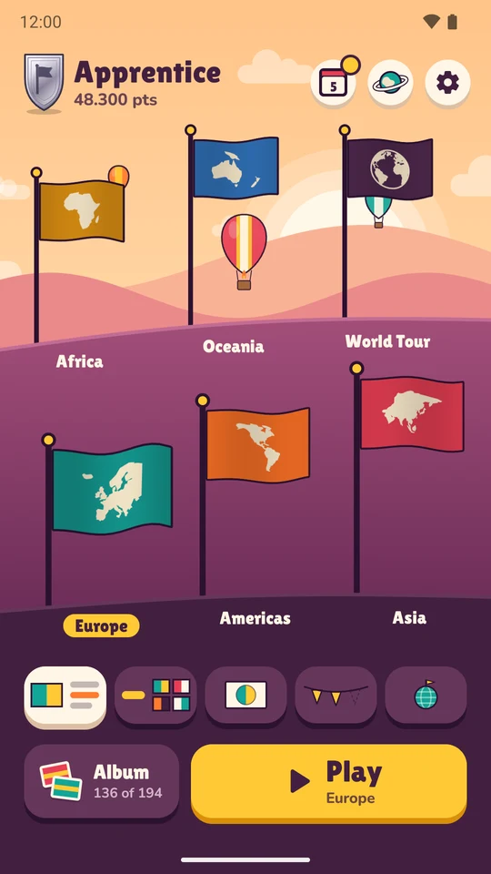 The home screen: six level flags on flagpoles on a hillside, with the Planet, Daily challenge and Settings buttons, the ways to play and the Play button.