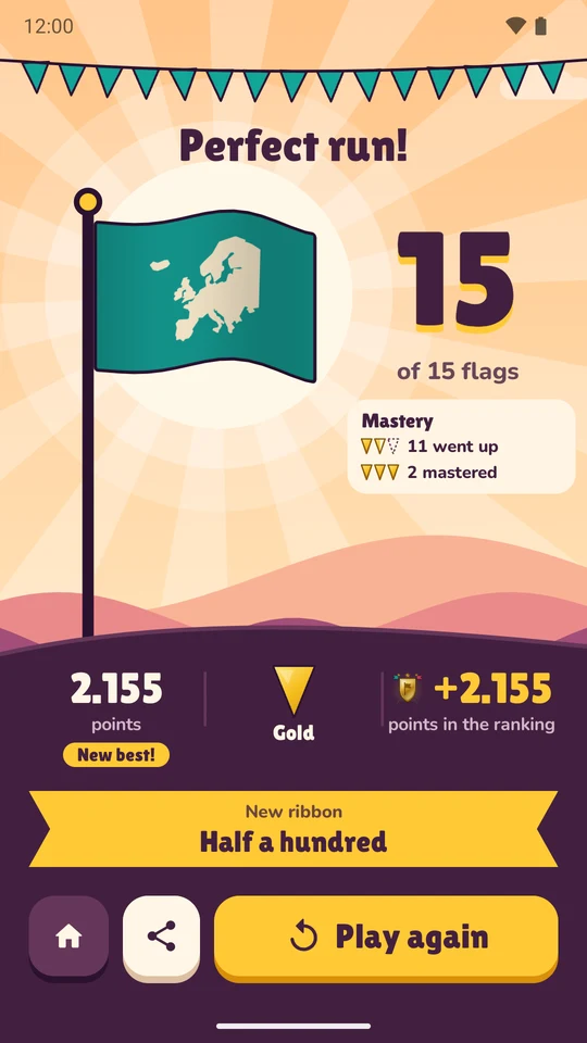 The result of a perfect run: the continent's flag at the top of the pole in the sunshine, with points, XP earned and a newly unlocked level.