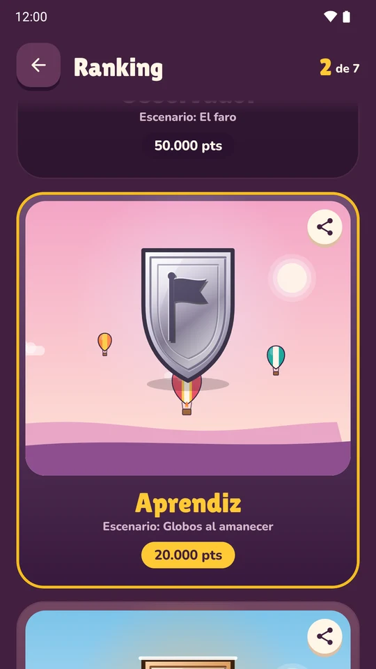 El Ranking: un escudo sobre un escenario animado, su nombre, el escenario que trae y los puntos que costó alcanzarlo.