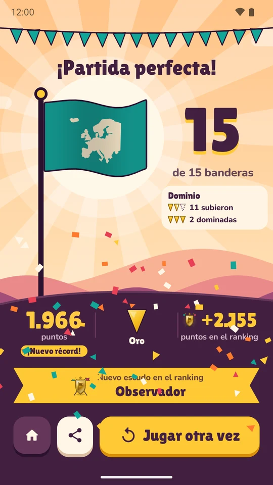 El resultado de una partida perfecta: la bandera del continente en lo alto del mástil, bajo el sol, con puntos, XP ganados y un nuevo nivel desbloqueado.