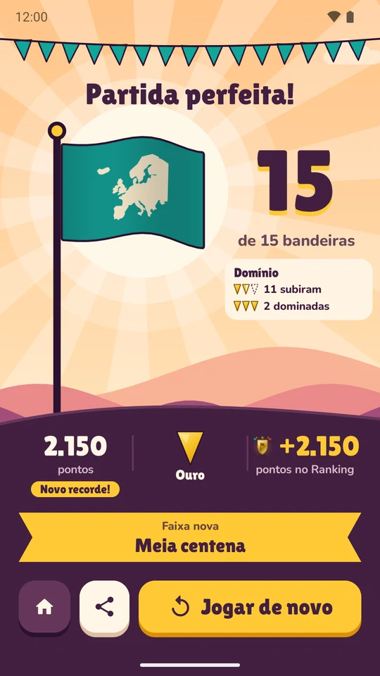 O resultado de uma partida perfeita: a bandeira do continente no alto do mastro, sob o sol, com pontos, XP ganhos e um novo nível desbloqueado.
